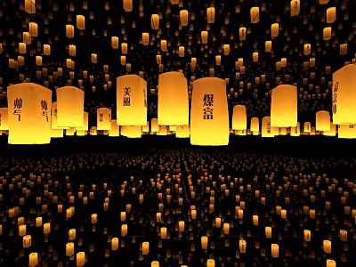 Numerous Sky Lanterns Flying in Night Sky With Chinese Characters And Wishes 3d model