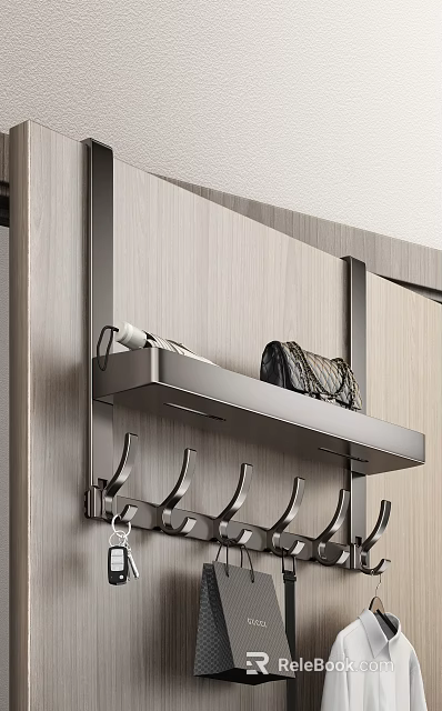 Wall Mounted Metal Hooks With Shelf For Handbag And Tissue Roll On Wooden Wall 3d model 