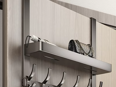 Wall Mounted Metal Hooks With Shelf For Handbag And Tissue Roll On Wooden Wall 3d model