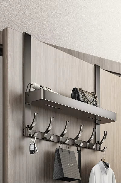 Wall Mounted Metal Hooks With Shelf For Handbag And Tissue Roll On Wooden Wall 3d model