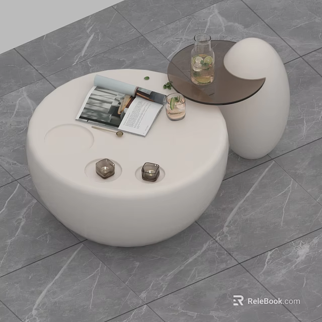 Modern White Round Coffee Table With Magazines Candles And Side Table With Vase 3d model