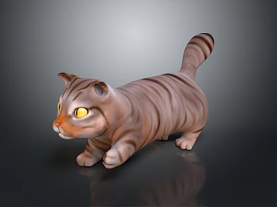 Brown Striped Cat With Yellow Eyes Standing On Dark Background With Reflection 3d model