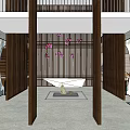Modern Restaurant Open Space With Wooden Tables Chairs And Branch Texture Ceiling