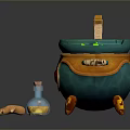 Colorful Cauldron With Green Liquid Wooden Spoon Potion Bottle Small Crab Toy And Ginger Root