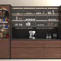 Modern Wine Cabinet With Wooden Black Frame Glass Shelves Holding Wine Bottles Glasses Coffee Machine