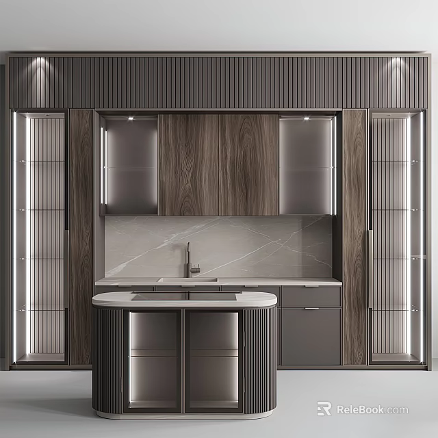 Modern Kitchen Interior Design With Wooden Cabinets And Marble Countertop Island 3d model 