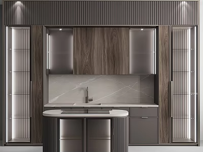 Modern Kitchen Interior Design With Wooden Cabinets And Marble Countertop Island 3d model