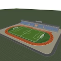 Outdoor Football Field With Green Grass White Lines Red Running Track And Blue Stands