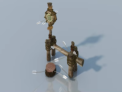 Wooden Swing Door With Decorative Top Arrows Wooden Posts And Ropes 3d model