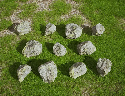 Natural Stones And Rustic Wood Pieces Placed On Green Grass Surface 3d model