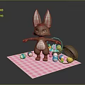 Cute Brown Rabbit Standing On Pink Plaid Mat With Basket Of Scattered Easter Eggs