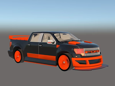 Black and Orange Custom Pickup Truck With Sporty Body Kit and Alloy Wheels 3d model