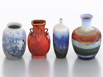 Colorful Ceramic Vases Featuring Various Designs and Patterns Including Blue White Red and Gradient Styles 3d model