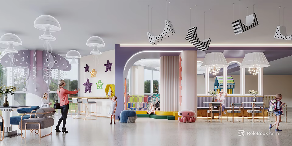 Colorful Children's Activity Space With Star Wall Decor Arched Doorway And Hanging Lamps 3d model 