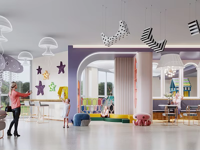 Colorful Children's Activity Space With Star Wall Decor Arched Doorway And Hanging Lamps 3d model