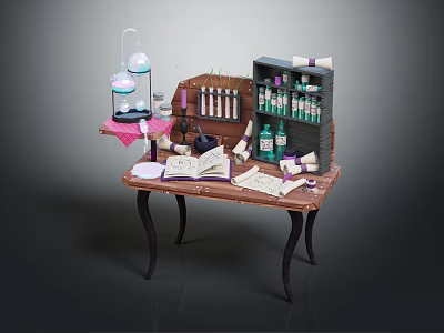 Vintage Wooden Desk Setup With Open Book Bottles Lamp Shelf And Papers 3d model