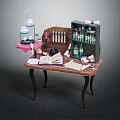 Vintage Wooden Desk Setup With Open Book Bottles Lamp Shelf And Papers
