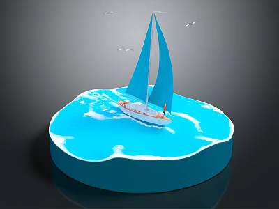Elegant Sailboat Water Transport on Blue Water Circular Platform with Seagulls 3d model