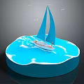 Elegant Sailboat Water Transport on Blue Water Circular Platform with Seagulls
