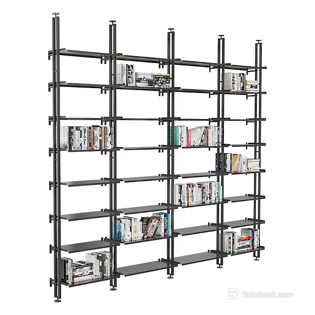 Modern Open Metal Frame Bookshelf With Multiple Shelves And Organized Books 3d model 