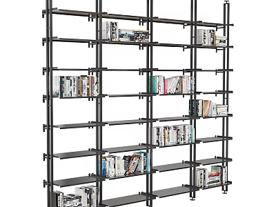 Modern Open Metal Frame Bookshelf With Multiple Shelves And Organized Books 3d model
