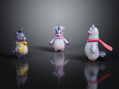 Three Cute Colorful Cartoon Toy Figurines With Scarf Horn And Character Details 3d model