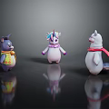 Three Cute Colorful Cartoon Toy Figurines With Scarf Horn And Character Details