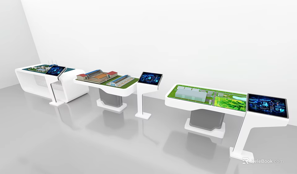 Interactive Sand Table Display With Digital Screens On White Stands And Green Surfaces 3d model
