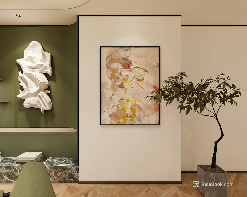 Abstract Painting in Modern Interior with Green White Walls White Sculptural Decor and Potted Plant 3d model 