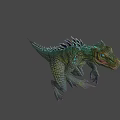 Game Movie Character Green Scaly Dinosaur with Blue Eyes Sharp Teeth Open Mouth Spiked Back