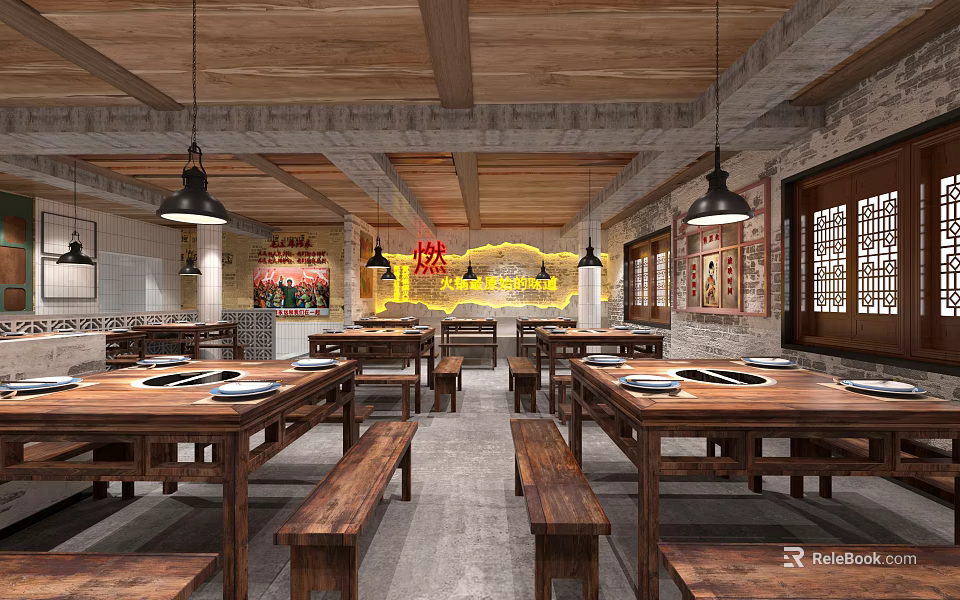 Chinese Style Hotpot Restaurant Interior With Wooden Tables Benches Hanging Lights And Traditional Wall Decorations 3d model 