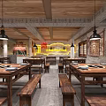 Chinese Style Hotpot Restaurant Interior With Wooden Tables Benches Hanging Lights And Traditional Wall Decorations