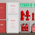 Complete Fire Fighting Equipment Set With Red Hydrants Extinguishers Cabinets Boxes and Safety Signage