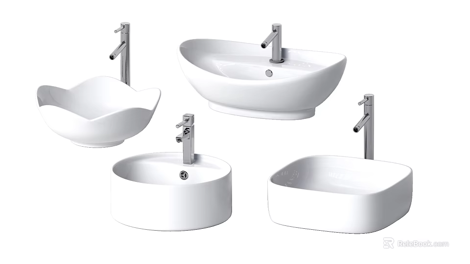 Various Modern White Washbasin Designs With Different Shapes And Faucets 3d model