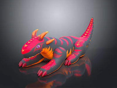 Vibrant Red Orange 3D Modeled Dragon Like Creature With Horns Purple Eyes And Striped Body 3d model