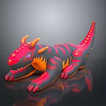 Vibrant Red Orange 3D Modeled Dragon Like Creature With Horns Purple Eyes And Striped Body