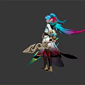 Fantasy Character And Mythical Creature Design With Colorful Hair Ornate Outfit And Dual Weapons