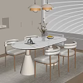 Modern Minimalist Dining Space With White Table Chairs Pendant Lights And Fruit Vase 3d model