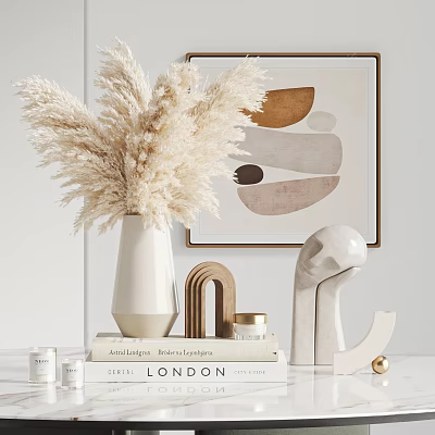 Minimalist Decorative Ornament Set With Pampas Grass Vase Geometric Sculptures And Abstract Print 3d model