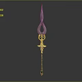 Ornate Decorative Weapon Featuring Sharp Tip Golden Accents And Red Gemstone