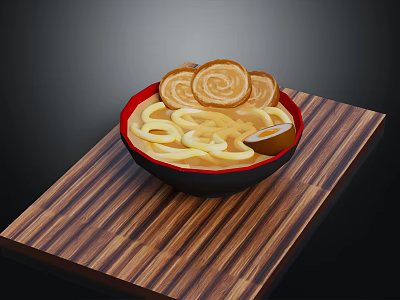 Delicious Ramen Bowl With Noodles Rolled Meat Slices And Warm Soup On Wooden Tray 3d model