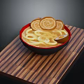Delicious Ramen Bowl With Noodles Rolled Meat Slices And Warm Soup On Wooden Tray
