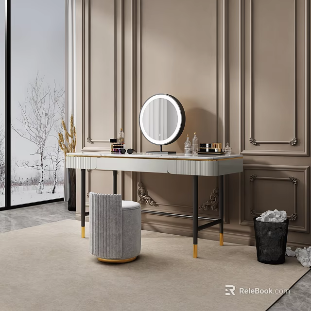Elegant Dressing Table With Round Mirror Gray Countertop Gold Legs And Gray Stool 3d model 