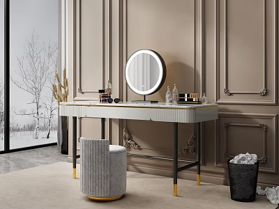 Elegant Dressing Table With Round Mirror Gray Countertop Gold Legs And Gray Stool 3d model
