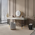 Elegant Dressing Table With Round Mirror Gray Countertop Gold Legs And Gray Stool 3d model