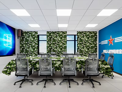 Monitoring Room Interior With Blue White Walls Camouflage Decor Large Screen And Conference Table 3d model