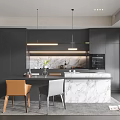 Modern Restaurant Interior Design With Dark Cabinets Marble Island Pendant Lights And Two Chairs
