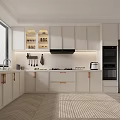Modern Kitchen Interior With White Cabinets Gray Refrigerator And Herringbone Floor 3d model
