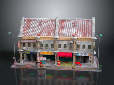 Traditional Shop House Model With Red Tiled Roof Signboards And Street Lamps 3d model