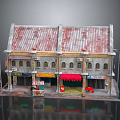 Traditional Shop House Model With Red Tiled Roof Signboards And Street Lamps